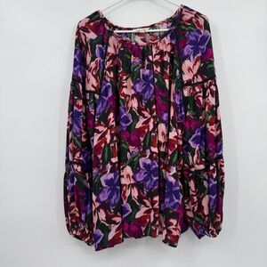 Terra Sky Top Women 3X Plus Purple Pink Long Sleeve Floral Puff Sleeve Boho